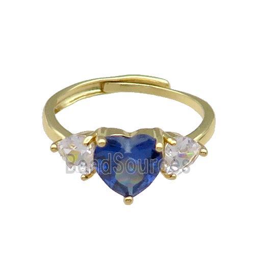 copper Heart Ring pave zircon blue adjustable gold plated