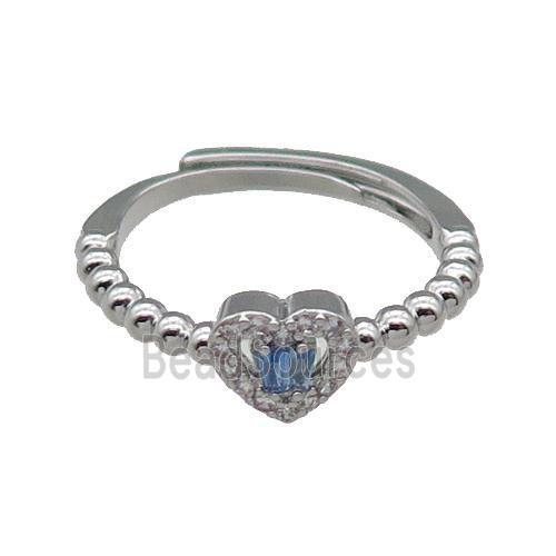 copper Heart Ring pave zircon blue adjustable platinum plated