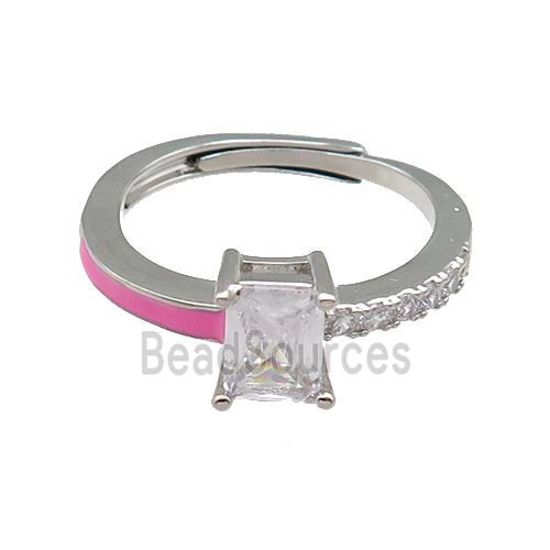 copper Ring pave zircon pink enamel rectangle adjustable platinum plated