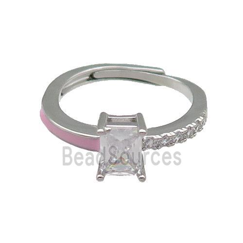 copper Ring pave zircon pink enamel rectangle adjustable platinum plated