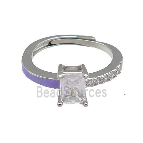 copper Ring pave zircon lavender enamel rectangle adjustable platinum plated