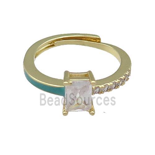 copper Ring pave zircon green enamel rectangle adjustable gold plated