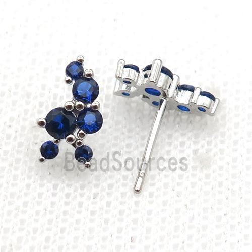 copper Stud Earrings pave blue zircon platinum plated