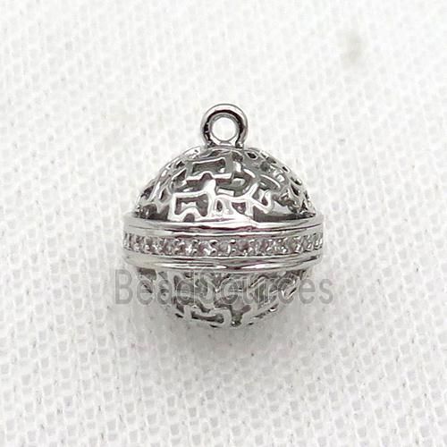 copper round ball pendant pave zircon hollow platinum plated