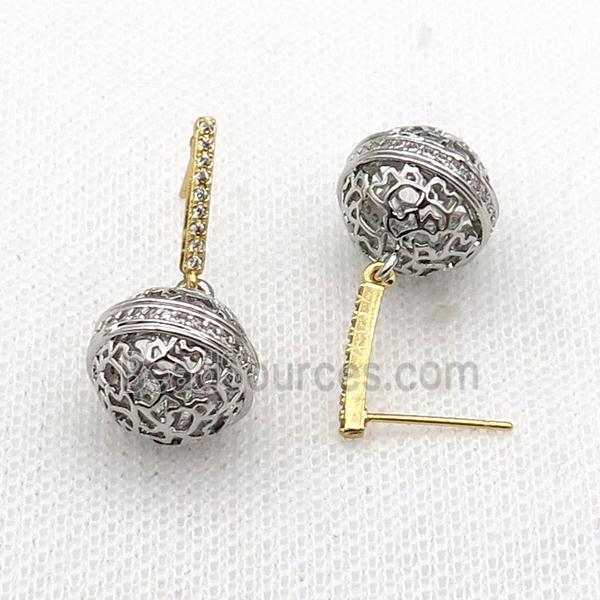 copper ball Stud Earring pave zircon hollow platinum plated