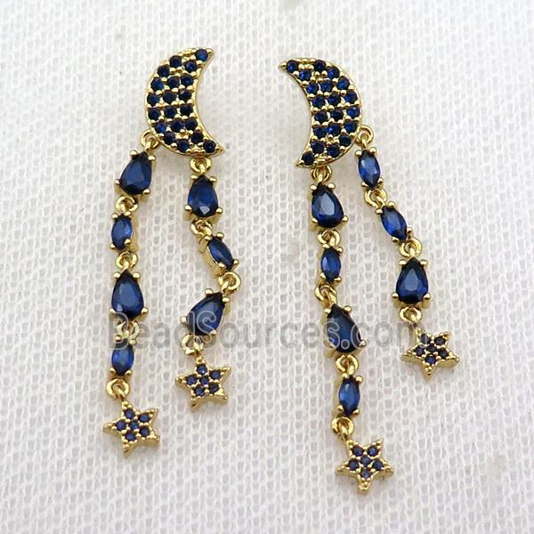 copper Moon Stud Earring pave blue zircon tassel gold plated