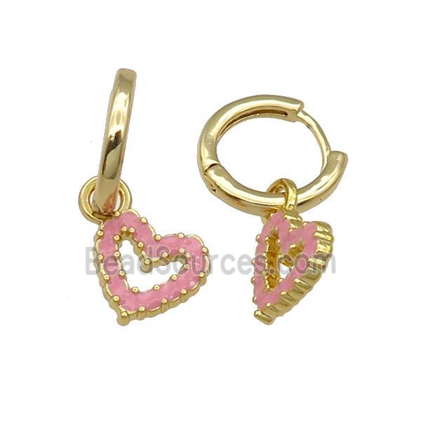 copper Hoop Earring pink enamel heart gold plated