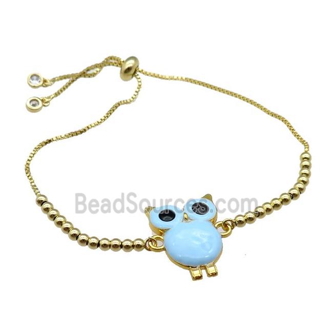 copper Bracelet with owl aqua enamel gold plated