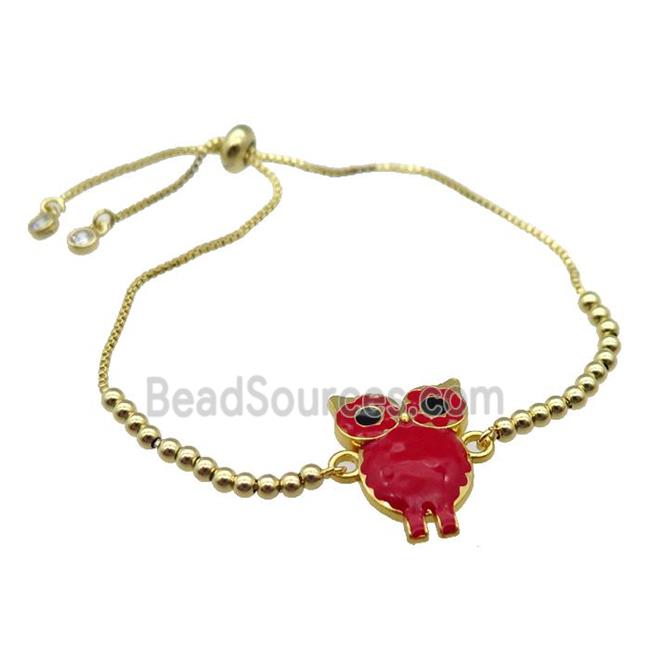 copper Bracelet with owl red enamel gold plated