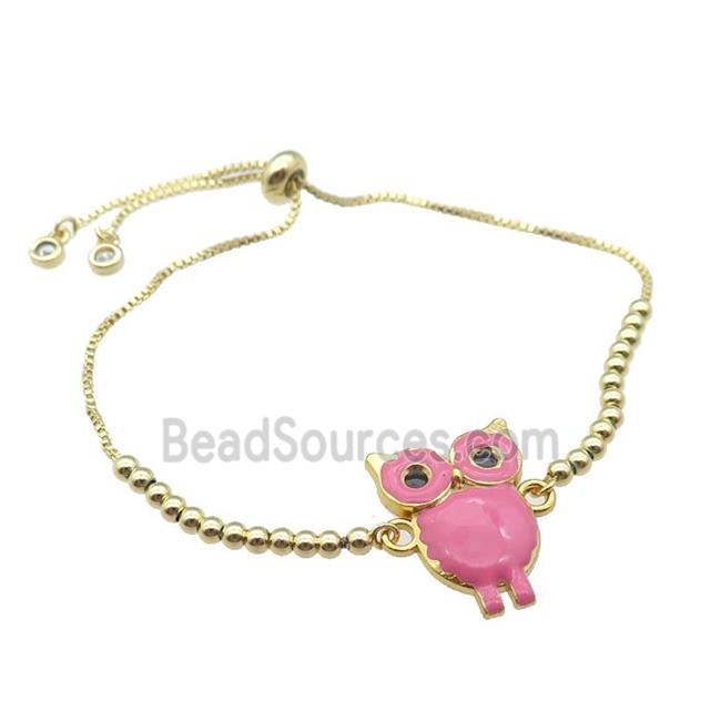 copper Bracelet with owl pink enamel gold plated