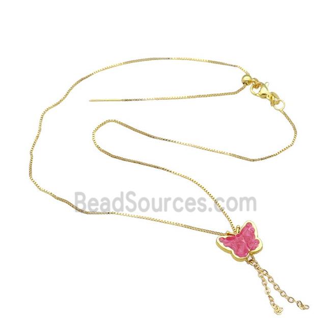 copper Necklace with butterfly pink enamel gold plated