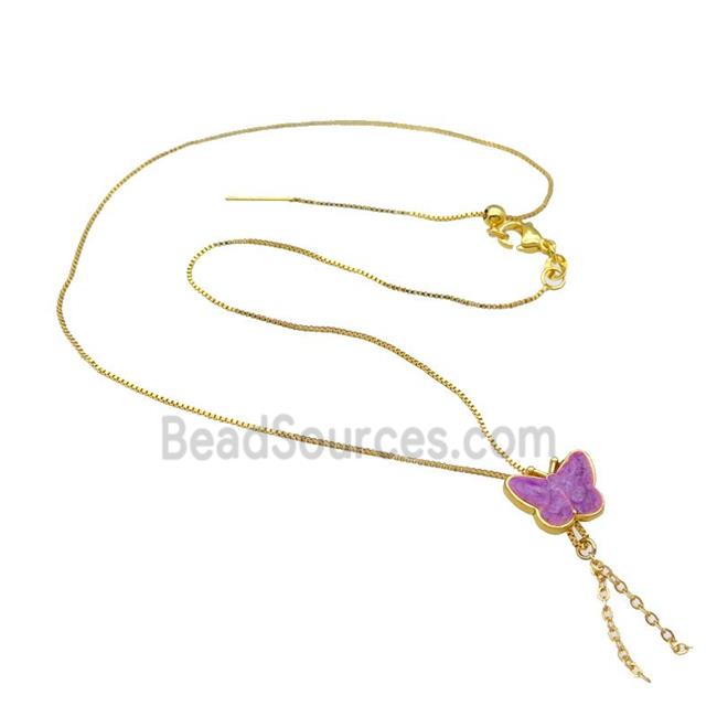 copper Necklace with butterfly purple enamel gold plated