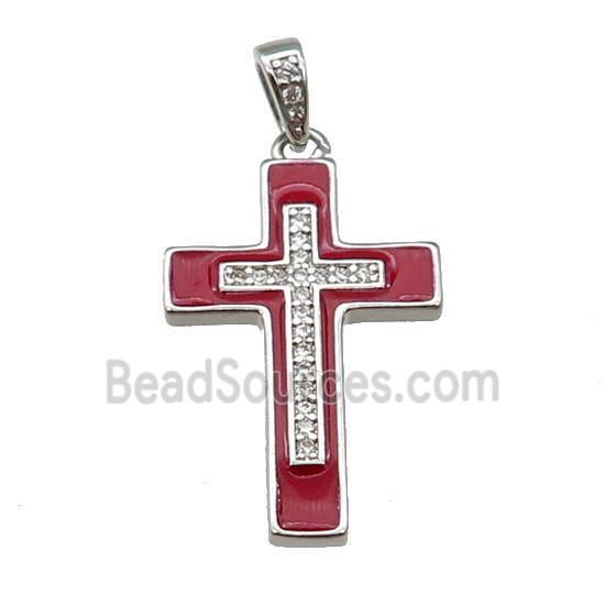 copper Cross pendant pave zircon red enamel platinum plated