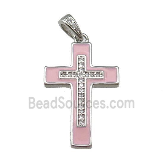 copper Cross pendant pave zircon pink enamel platinum plated