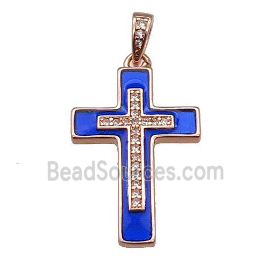 copper Cross pendant pave zircon blue enamel rose gold