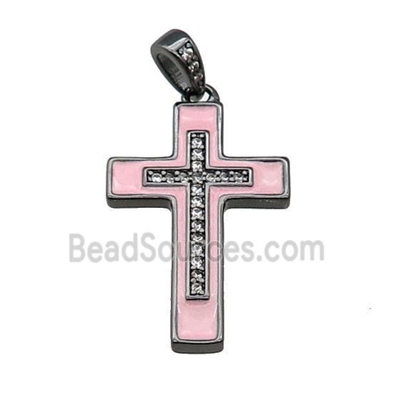 copper Cross pendant pave zircon pink enamel black plated