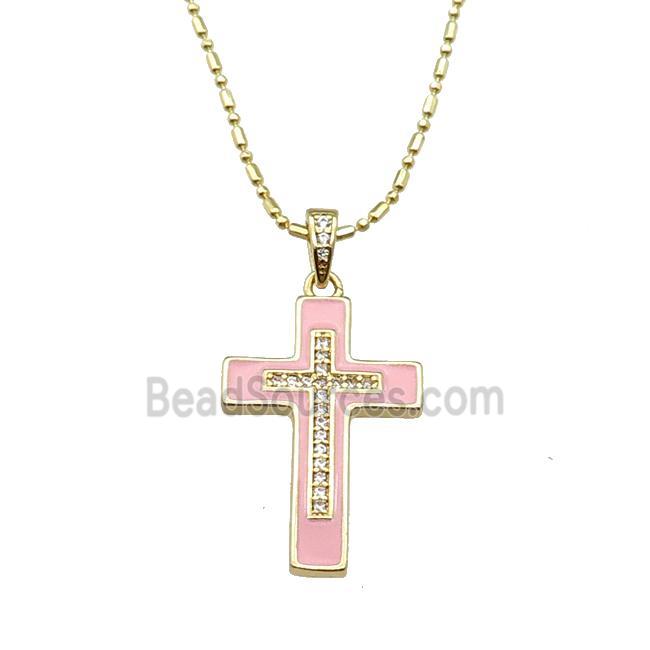 copper Necklace with cross pink enamel, gold plated