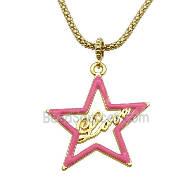 copper Necklace with star Love pink enamel gold plated