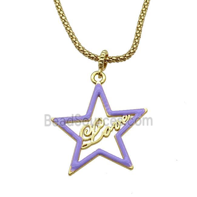 copper Necklace with star Love lavender enamel gold plated