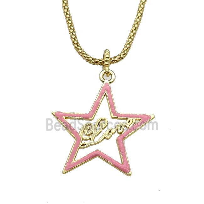 copper Necklace with star Love pink enamel gold plated