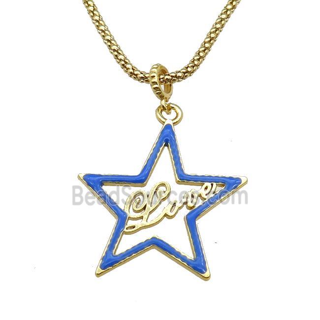 copper Necklace with star Love blue enamel gold plated