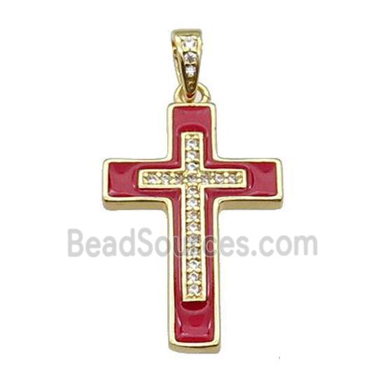 copper Cross pendant pave zircon red enamel gold plated