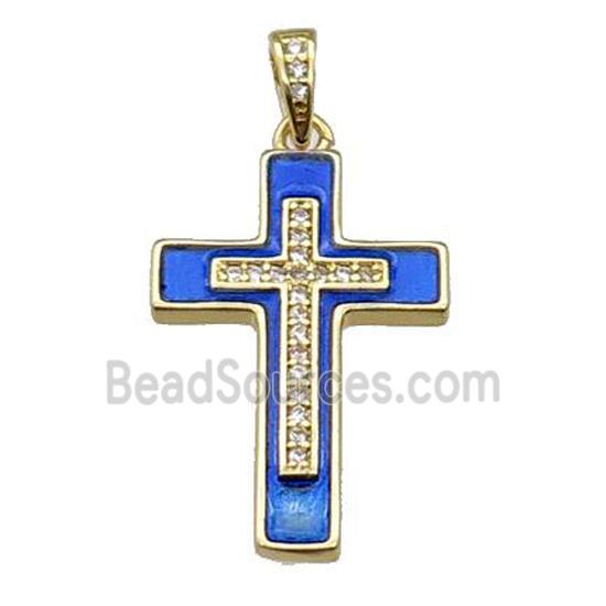 copper Cross pendant pave zircon blue enamel gold plated