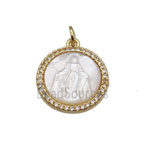 copper circle pendant pave zircon shell Jesus gold plated