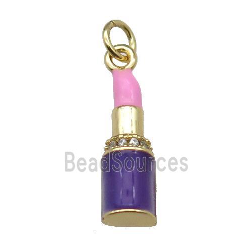 copper Lipstick charm pendant pave zircon pink enamel gold plated