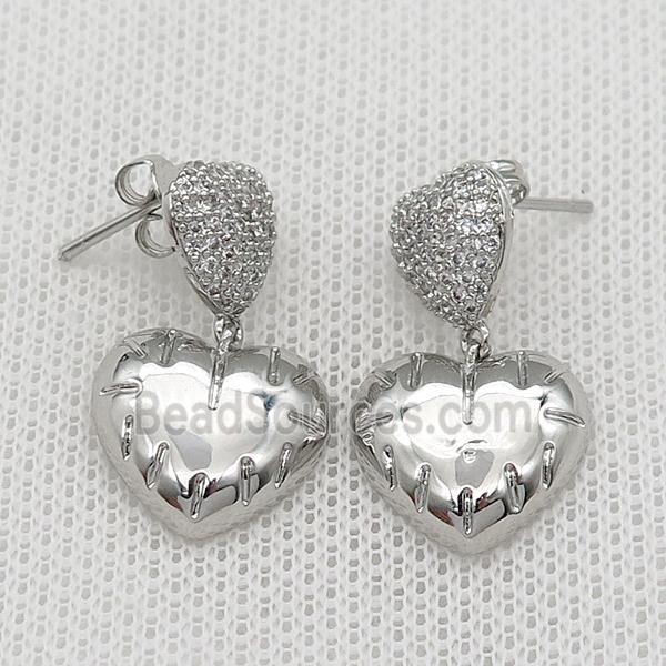 copper Stud Earring pave zircon heart platinum plated