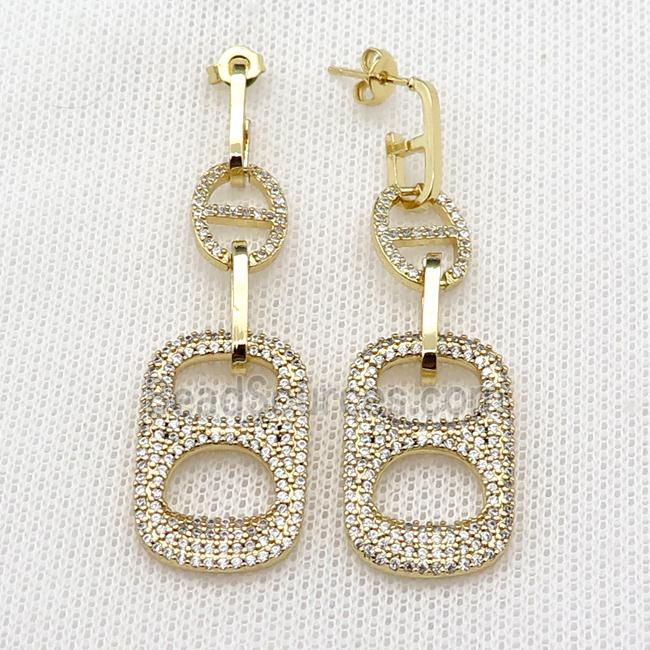 copper Stud Earring pave zircon rectangle gold plated