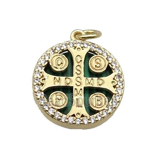 copper circle cross pendant pave zircon malachite Saint Benedict gold plated