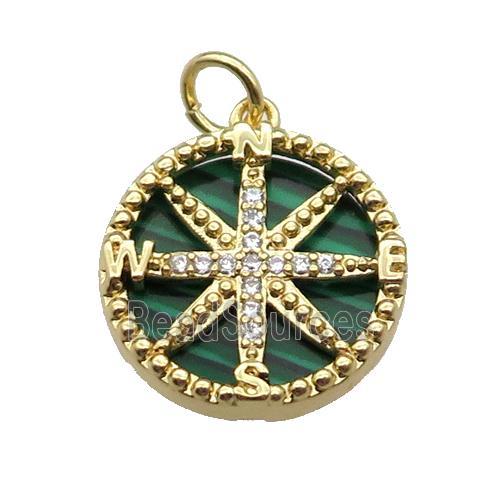 copper Compass pendant pave zircon malachite gold plated