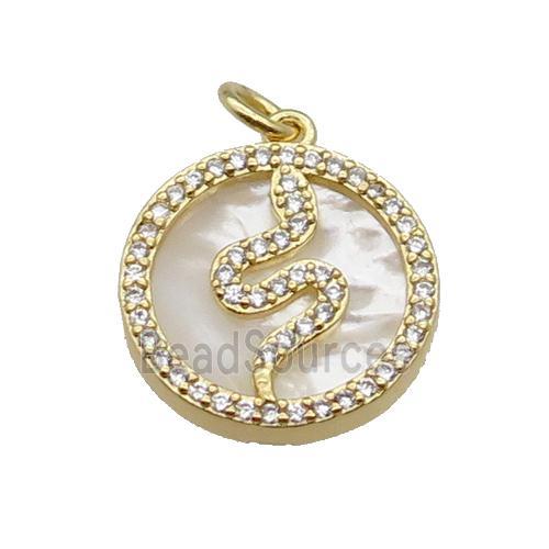 copper circle snake pendant pave zircon shell gold plated