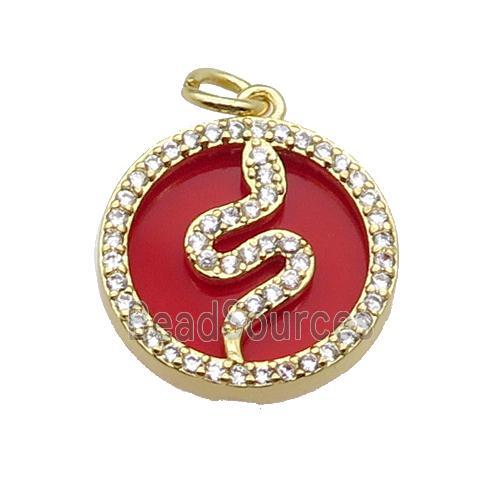 copper circle snake pendant pave zircon red stone gold plated