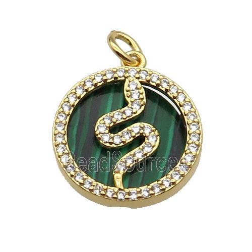 copper circle snake pendant pave zircon malachite gold plated