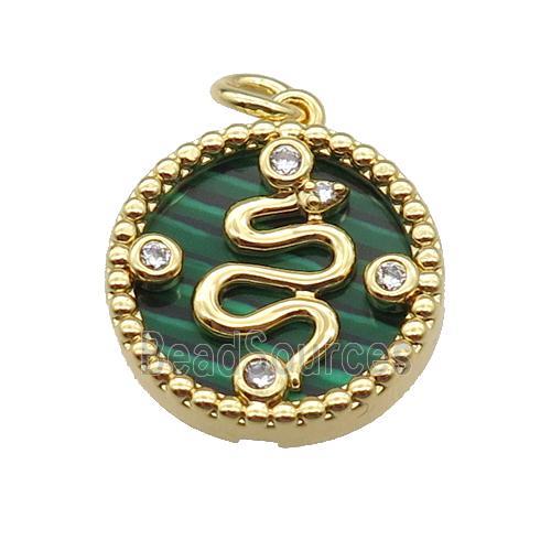 copper circle snake pendant pave zircon malachite gold plated