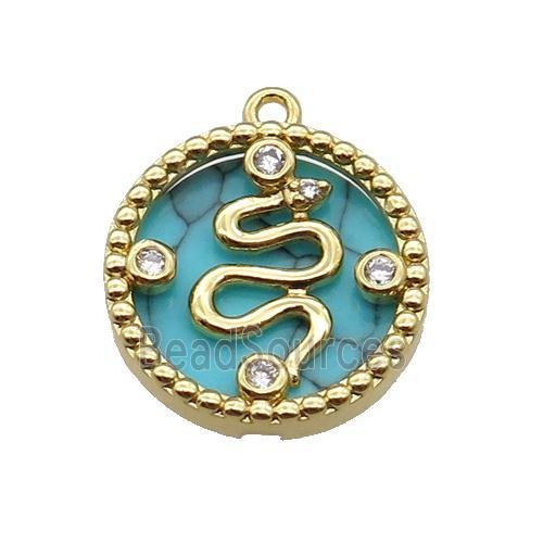 copper circle snake pendant pave zircon turquoise gold plated