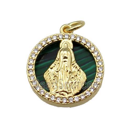 copper circle pendant pave zircon malachite Virgin Mary gold plated