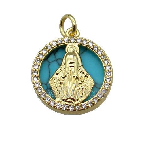 copper circle pendant pave zircon turquoise Virgin Mary gold plated