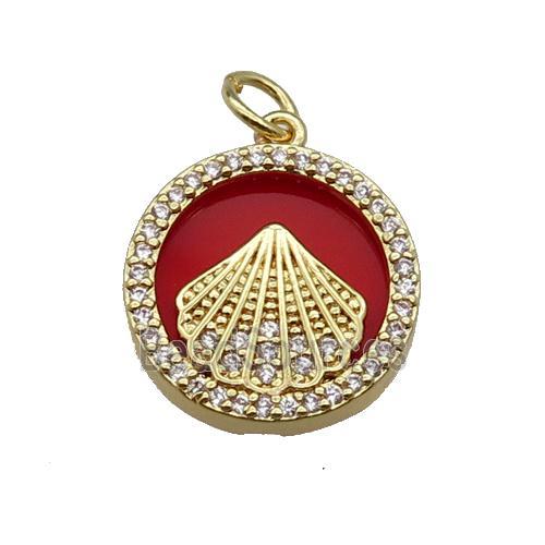 copper circle pendant pave zircon red stone Fan gold plated