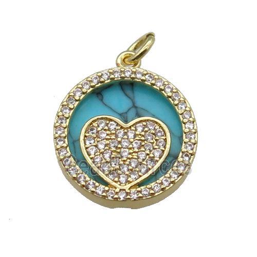 copper circle pendant pave zircon turquoise Heart gold plated