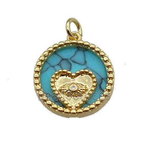 copper circle pendant pave zircon turquoise Heart gold plated