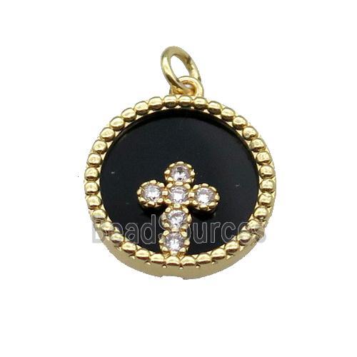 copper circle pendant pave zircon black stone Cross gold plated