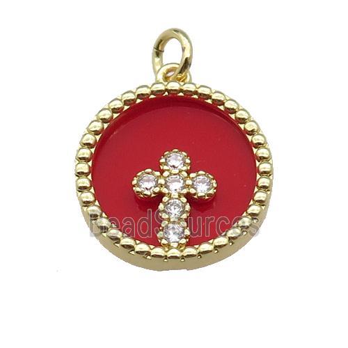 copper circle pendant pave zircon red stone Cross gold plated