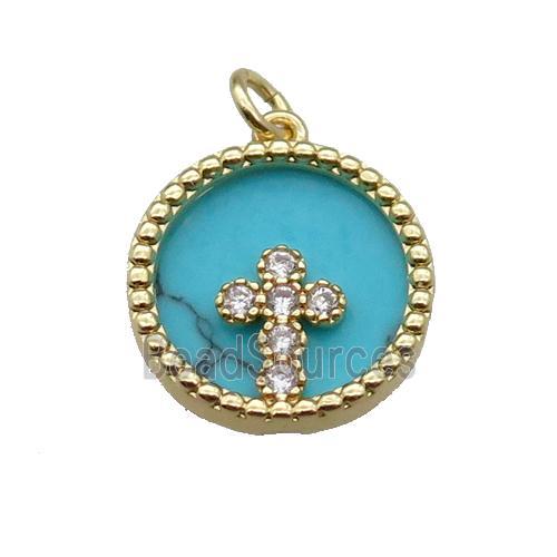 copper circle pendant pave zircon turquoise Cross gold plated