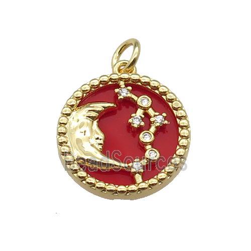 copper circle pendant pave zircon red stone Moon gold plated