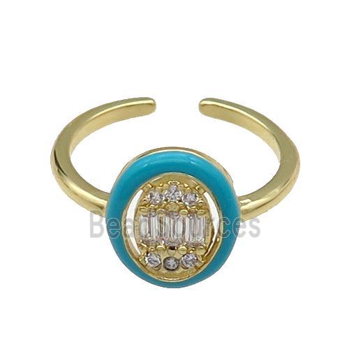 copper Ring pave zircon teal enamel oval gold plated