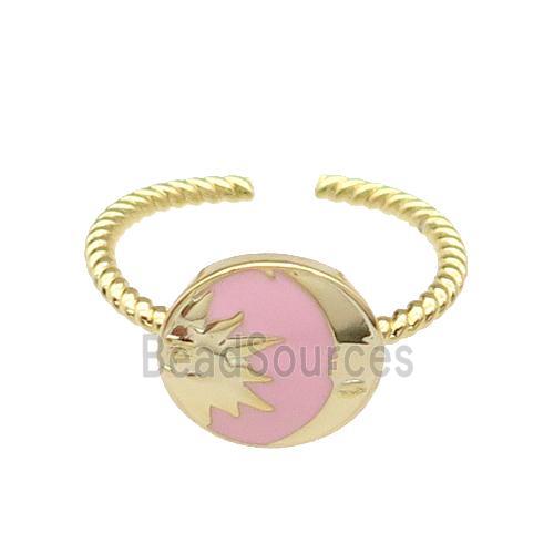 copper Moon Ring with pink enamel sun gold plated