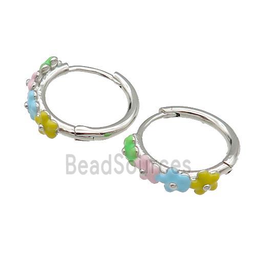 copper Hoop Earrings flower multicolor enamel platinum plated